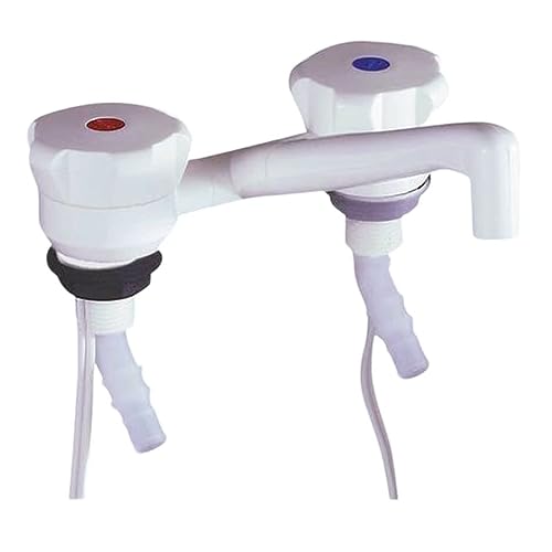 CR-MOESANCO® KIT Grifo NOVO Blanco Mezclador con Doble Entrada y 2 Abrazaderas para Caravana,Autocaravana, Camper o Barco