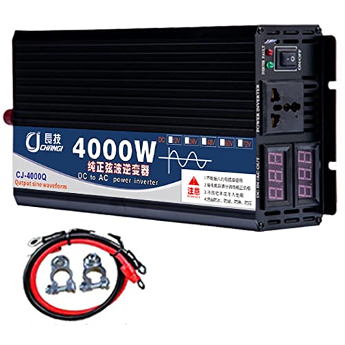 DDHVVOH Inversor de Corriente de 3000 W 12v 220v Onda Pura,Inversor de Onda Sinusoidal Pura para AutomóVil DoméStico,para Autocaravana para Coche Placa Solar,12-220V-4000W