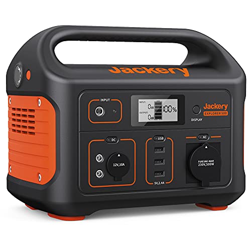 Jackery Explorer 500 Estación de Energía Portátil, Capacidad de 518 Wh/500W(1000W pico) con Enchufe de 230V Generador Solar para Vacaciones en Autocaravana, Camping, Aventuras y Emergencia