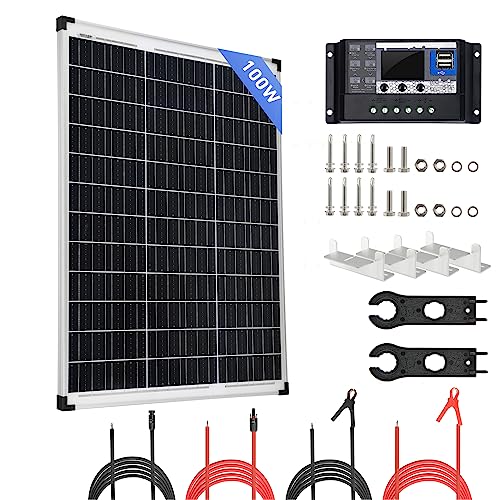 Kit de Panel Solar de 100W 12V Módulo de alta Eficiencia de Energía Fotovoltaica con Controlador de Carga, Cables Solares, Llaves Solares y Soporte para Autocaravana, Cobertizos, Barco, Campervan