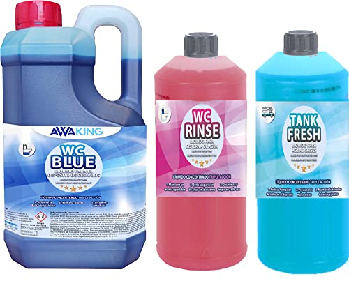 Liquido WC Quimico Portatil, Similar Aqua KEM Blue, 2L + Rinse 1L + Tank Fresh 1l, Liquido WC Quimico, Aguas Negras, Cisterna y Aguas Grises, Camper,Potti,Aguas Negras Autocaravanas,Depósito Residuos