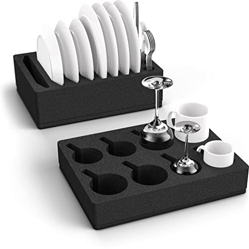 Siegvoll Juego de Soporte de Vajilla y Vasos de Espuma, Soporte para Cubiertos para 8 Platos + 8 Tazas (Compatible con Más Tamaños), para Camping, Caravanas, Autocaravanas y Barcos