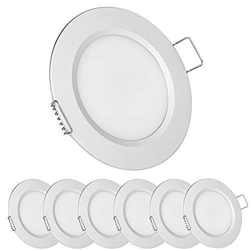 acegoo 6 x Foco LED Empotrable Techo 12V Downlight Regulable 2,5W Plata Blanco cálido 3000K IP64 Panel Redondo Extraplano Iluminacion, para Autocaravana Caravana Barco Camión Muebles