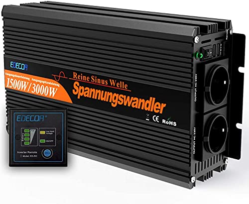 EDECOA Inversor 12v 230v onda pura 1500w convertidor con 2x USB y control remoto autocaravana placas solares cocheAislamiento Galvánico (5 generación)