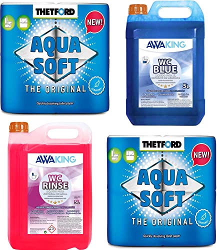 PLANTAWA Thetford Papel Higiénico Aqua Soft + WC Blue 5L + WC Rinse 5L Awaking, Liquido WC Quimico Potty Caravanas, Camper, Depósito de Residuos Autocaravanas, Sanitary Fluid, Altamente Concentrado