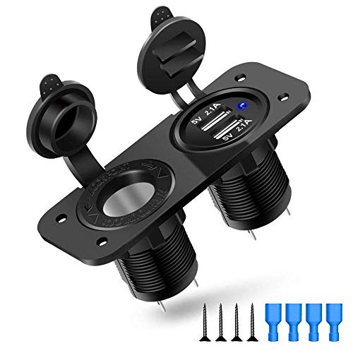 Riloer Panel impermeable multifunción doble USB enchufe cargador 2.1 A y 2.1 A + 12 V toma de corriente para camión, remolque, autocaravana, barco, azul
